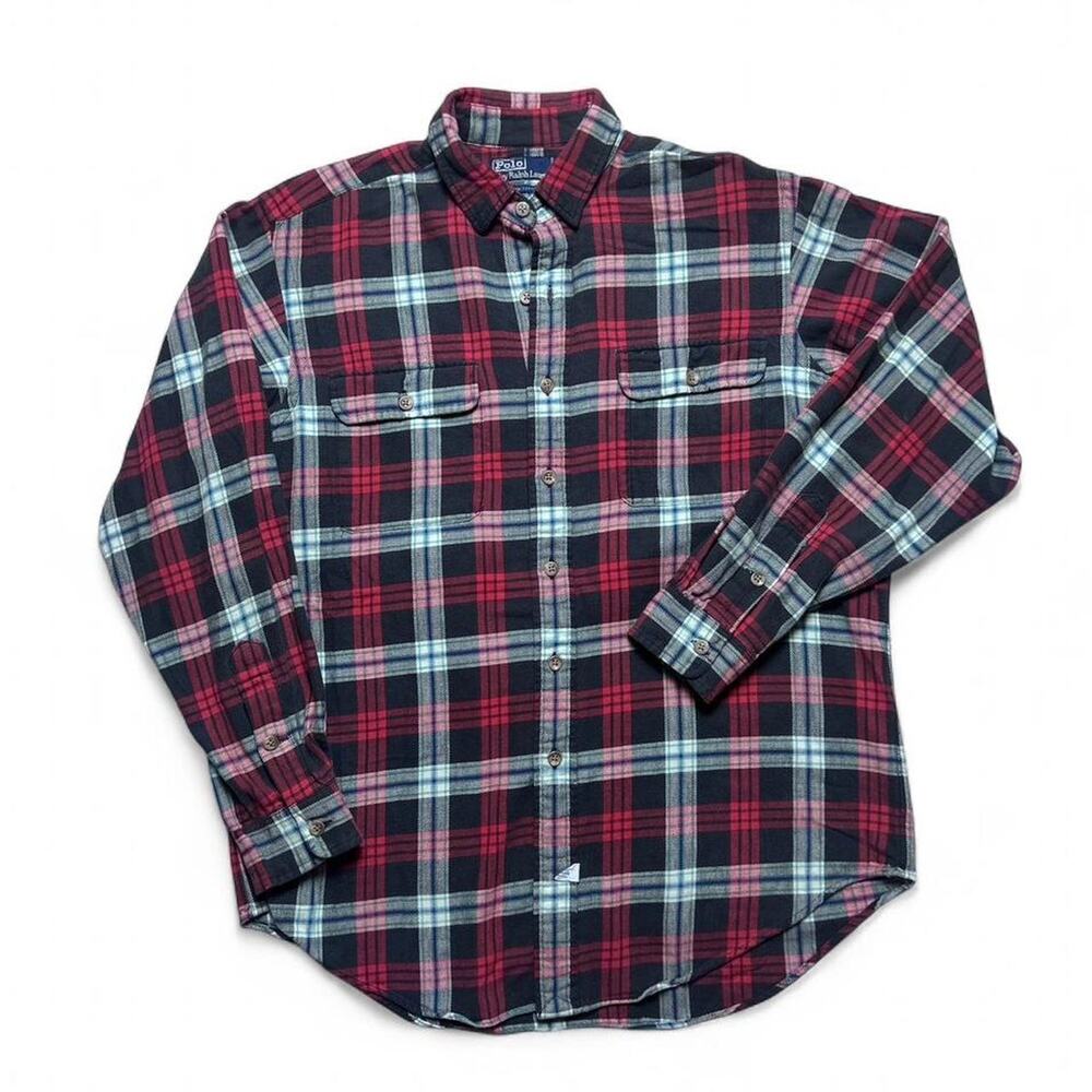 Polo Ralph Lauren 90s Vintage Red Blue Cotton Plaid Flannel Button Shirt Large